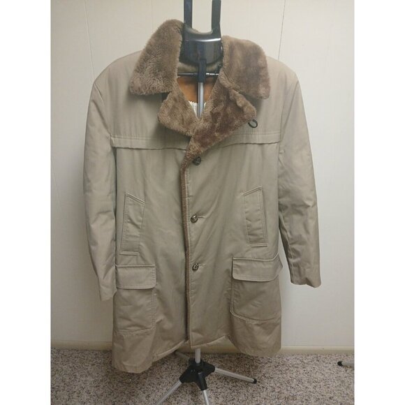 Woolrich 30076 Fur Lined LS Button Tan Long‎ Winter Jacket Coat Men's 44 L - Picture 1 of 9